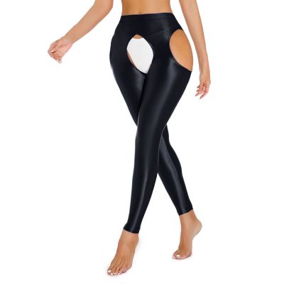 US Women' Crotchless Pantyhose Shiny Oil Glossy Tights High Waist Footless Pants